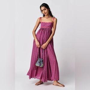 Free People Emmeline Pleated Purple Floral Print Midi Dress NWOT